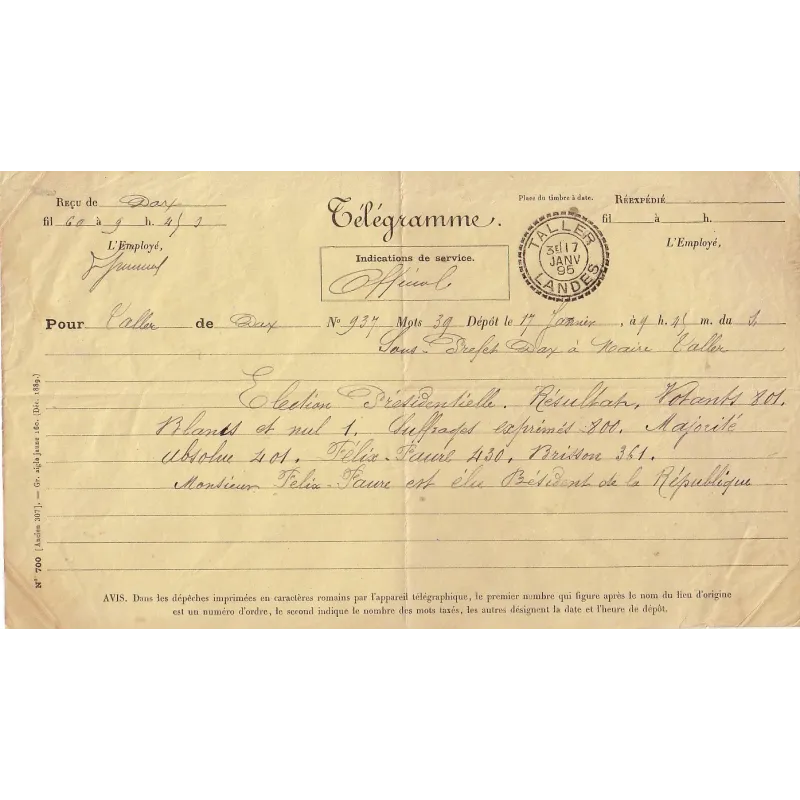 FELIX FAURE - TELEGRAMME DU SOUS PREFET DE DAX - LANDES - T84 TALLER 17-1-1895 - ELECTION DE FELIX FAURE.