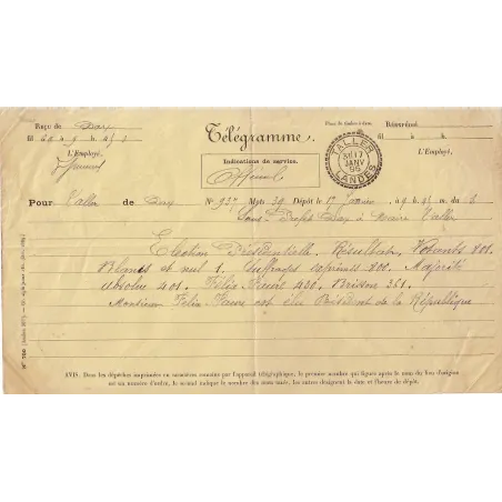 FELIX FAURE - TELEGRAMME DU SOUS PREFET DE DAX - LANDES - T84 TALLER 17-1-1895 - ELECTION DE FELIX FAURE.
