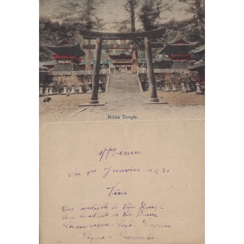 JAPON - MENU DU JOUR DE L'AN SUR PAPIER A LETTRE ILLUSTRE NIKKO TEMPLE DU 1 JANVIER 1920.