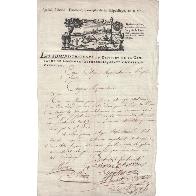 REVOLUTION - 1794 - LES ADMINISTRATEURS DU DISTRICT DE LA CAMPAGNE SEANT A GENIS LE PATRIOTE - RHONE..