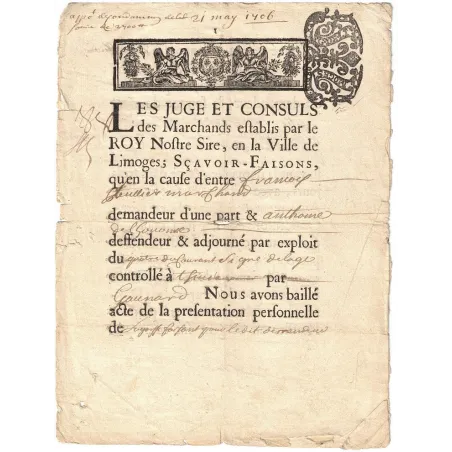 Louis XIV - Jugement Commercial 1706 - Haute Vienne.