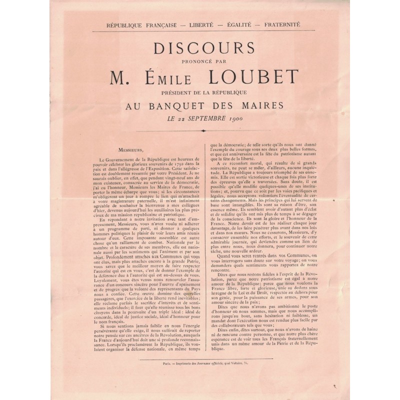 EMILE LOUBET - DISCOURS PRONONCE PAR LE PRESIDENT DE LA REPUBLIQUE - 1900