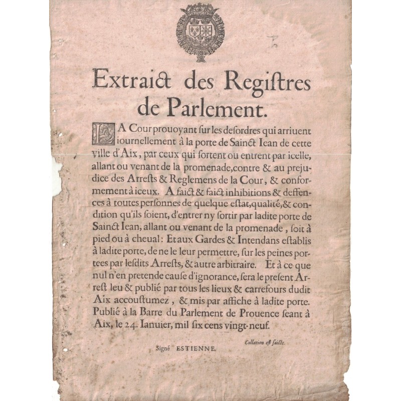 LOUIS XIII - BOUCHES DU RHONE - ESTRAIT DES REGISTRES DE PARLEMENT - AIX LE 24 JANVIER 1629