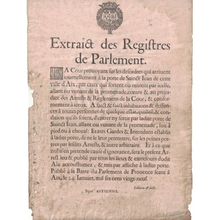 LOUIS XIII - BOUCHES DU RHONE - ESTRAIT DES REGISTRES DE PARLEMENT - AIX LE 24 JANVIER 1629