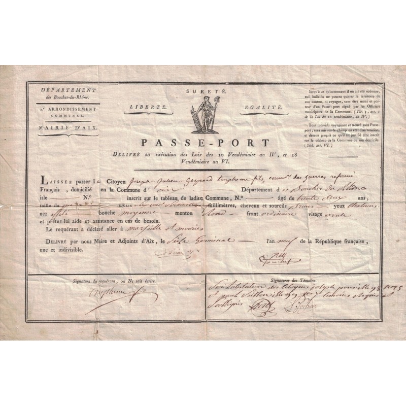 CONSULATE - BOUCHE DU RHONE (FRANCE) - PASSEPORT OF THE SON KING'S ADVISOR - 1801