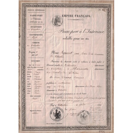 Napoléon III - Vaucluse - Passeport de la mairie de Vitrolles (Vaucluse) pour Marseille, sous Napoléon III