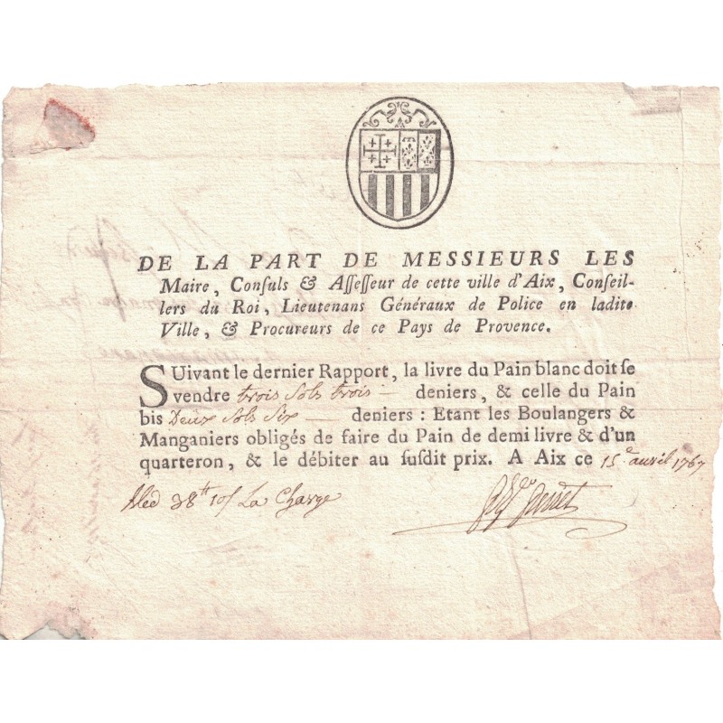 LOUIS XV - BOUCHES DU RHONE - AIX - OBLIGATION DU PRIX DE VENTE DU PAIN - 15 AVRIL 1767