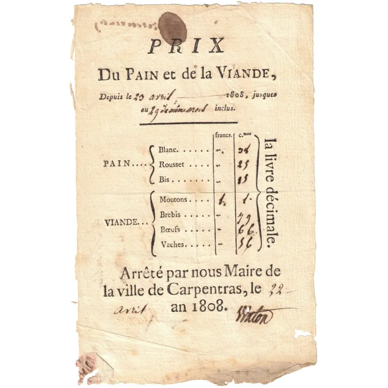 Arrêté de 1808 sur le prix du Pain - Carpentras (Vaucluse)