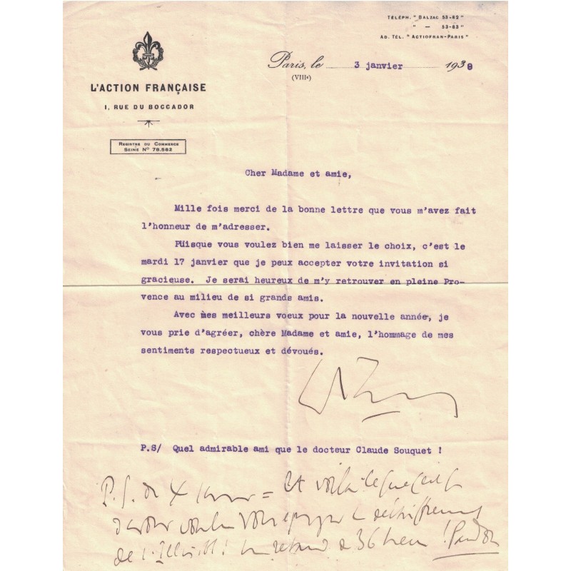 MAURRAS Charles (1868-1952) - journaliste, essayiste, homme politique et poète français, théoricien du nationalisme intégral