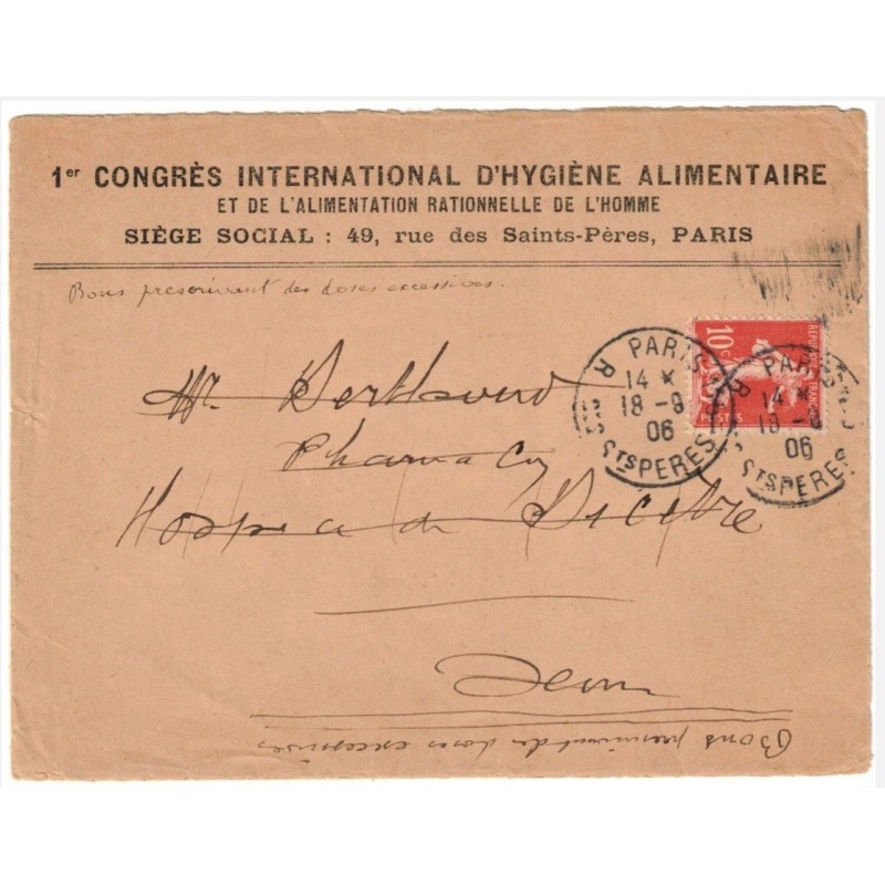 PARIS - LETTRE 1er CONGRES INTERNATIONAL D'HYGIENE ALIMENTAIRE - 1906 PARIS - LETTRE 1er CONGRES INTERNATIONAL D'HYGIENE ALIMENTAIRE - 1906