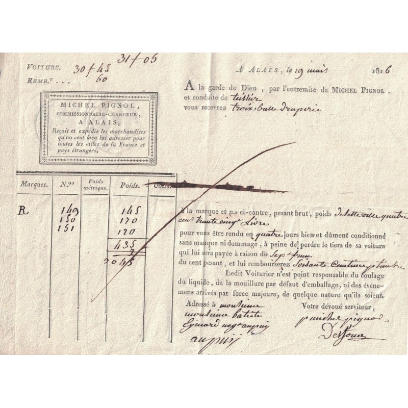 GARD - ALAIS - LETTRE DE VOITURE ENTREPRISE MICHEL PIGNOL COMMISSIONAIRE CHARGEUR - 19-5-1816.