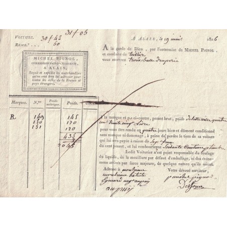 GARD - ALAIS - LETTRE DE VOITURE ENTREPRISE MICHEL PIGNOL COMMISSIONAIRE CHARGEUR - 19-5-1816.
