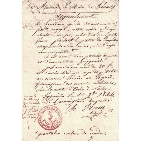 BOUCHES DU RHONE - EYGUIERES - LETTRE DU COMMISSSAIRE DE POLICE  D'EYGUIERES POUR LE MAIRE DE SENAS - 1 NOVEMBRE 1844..