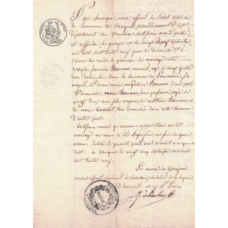 VAUCLUSE - MAIRIE DE VAUGINES - TIMBRE ROYAL 35c - AVEC CACHET DE MAIRIE ET SIGNATURE DU MAIRE - LE 20 SEPTEMBRE 1839.