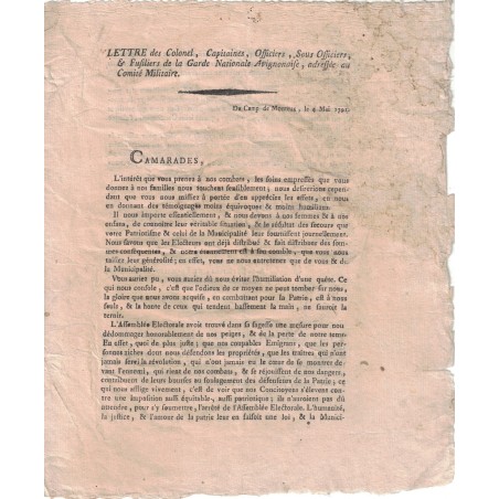 VAUCLUSE - CAMP DE MONTEUX - LE 4 MAI 1791 - LETTRE DU COLONEL ET OFFICIERS DE LA GARDE AVIGNONNAISE.