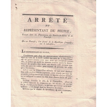 VAUCLUSE & BOUCHES DU RHONE - ARRETE DU REPRESENTANT DU PEUPLE - LE 10 FEVRIER 1794.