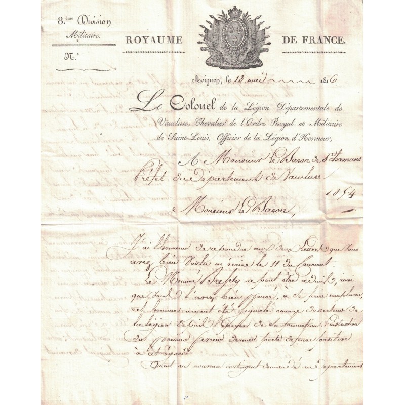 Charles Louis Sébastien de STAGLIENO (1775 Gênes -1819 Calais) – Colonel et Baron D’Empire - Vaucluse.