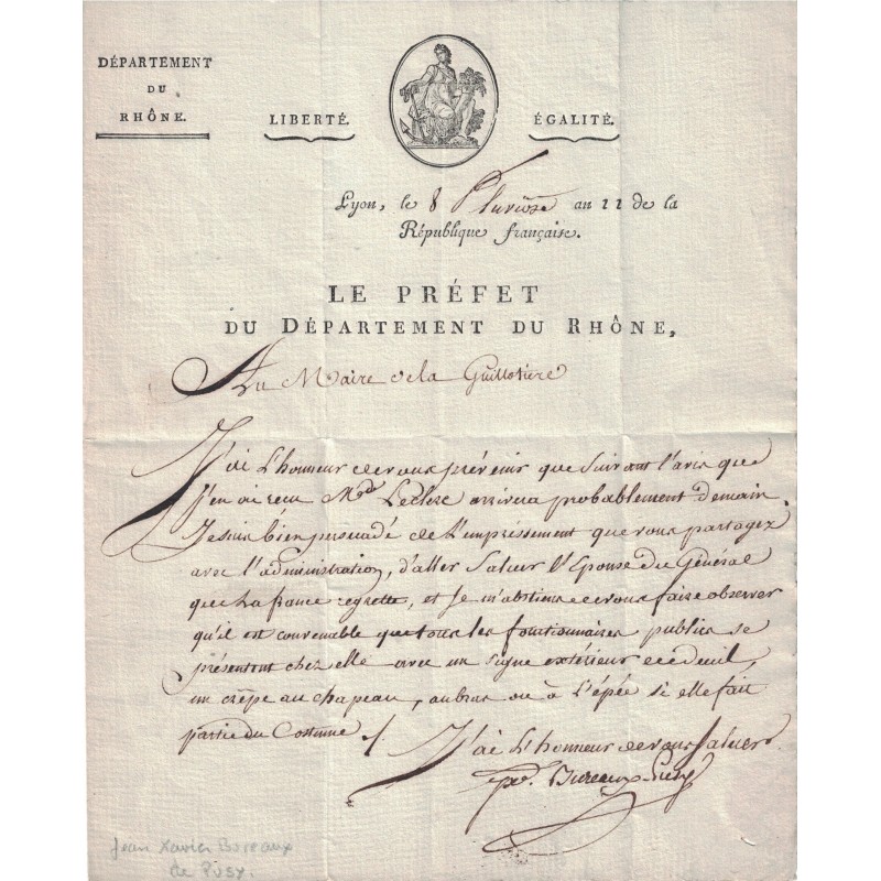 Jean-Xavier Bureaux de Pusy (1750-1806) - Préfet d’Empire - Visite de Pauline BONAPARTE à Lyon.