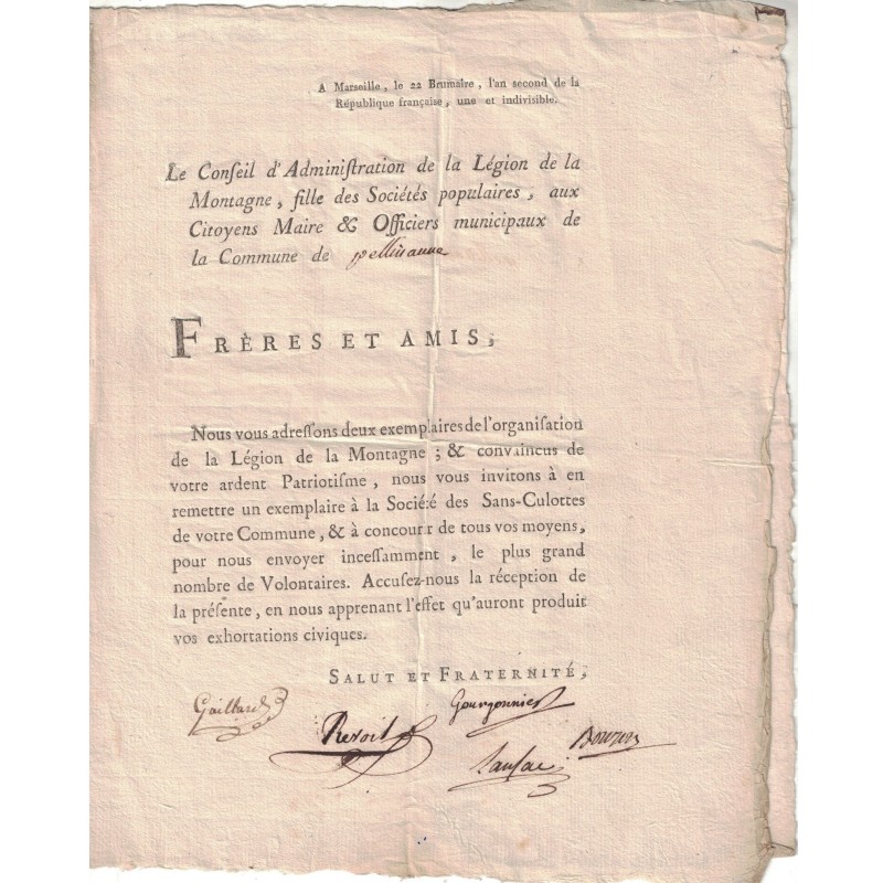 REVOLUTION FRANCAISE - LEGION DE LA MONTAGNE - CIRCULAIRE DE MARSEILLE LE 12 NOVEMBRE 1793 POUR PELISSANNE