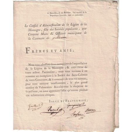 REVOLUTION FRANCAISE - LEGION DE LA MONTAGNE - CIRCULAIRE DE MARSEILLE LE 12 NOVEMBRE 1793 POUR PELISSANNE