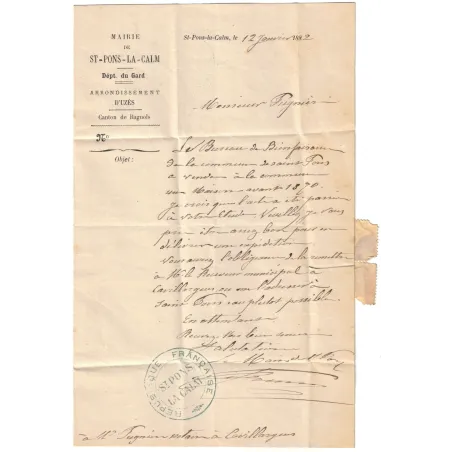 Gard - Bagnols-sur-Cèze - Mairie de St-Pons-La-Calm - Lettre avec signature du Maire - 1882