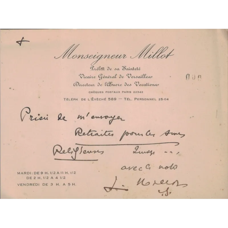 MILLOT Jules (1849-1931) - VICAIRE GENERAL DE VERSAILLES ET ARCHIDIACRE DE VERSAILLES.