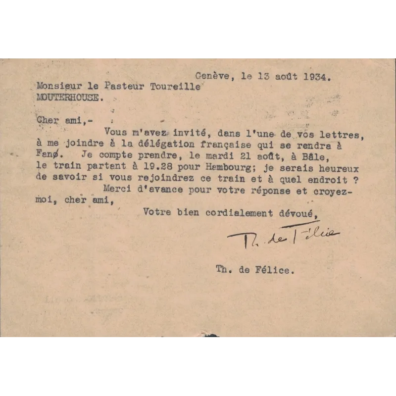 FELICE DE Théodore (1904-2005) - PASTEUR FRANCAIS - HOMME POLITIQUE - LINGUISTE.